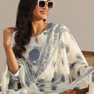 Off White Printed Chanderi Silk Straight Suit With Dupatta