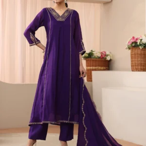 Purple Embellished Silk Blend A-line Suit Set