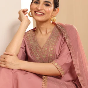 Peach Solid Silk Blend Straight Kurta Set