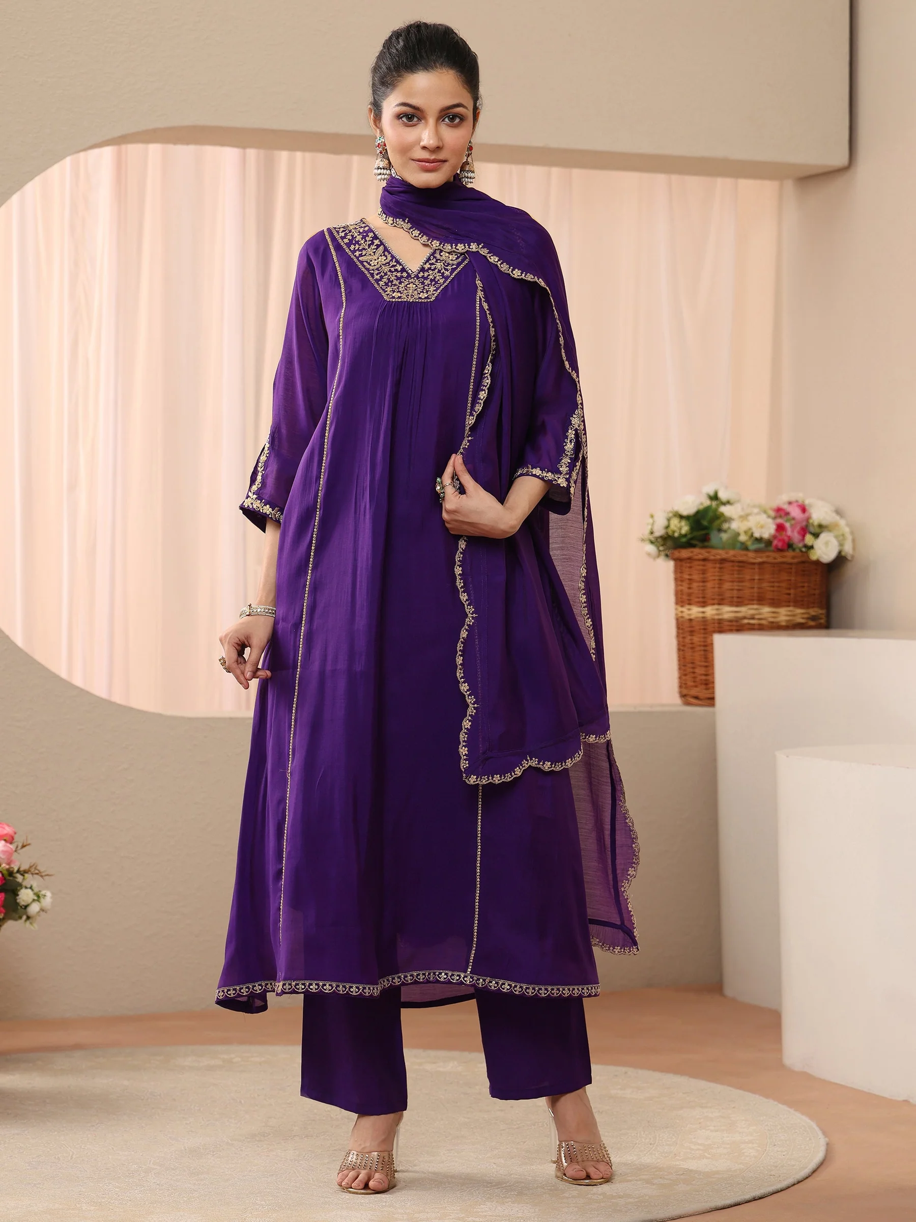 Purple Embellished Silk Blend A-line Suit Set - Image 2