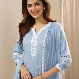 Blue Embroidered Cotton Straight Suit Sets With Dupatta
