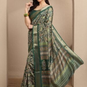 Green Paisley Printed Silk Blend Saree With Unstitched Blouse Piece