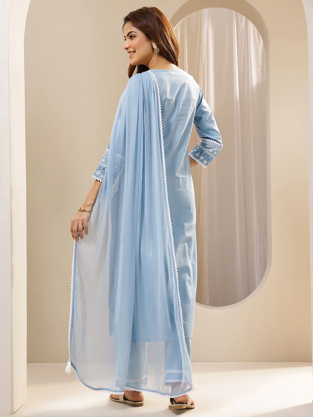 Blue Embroidered Cotton Straight Suit Sets With Dupatta - Image 3