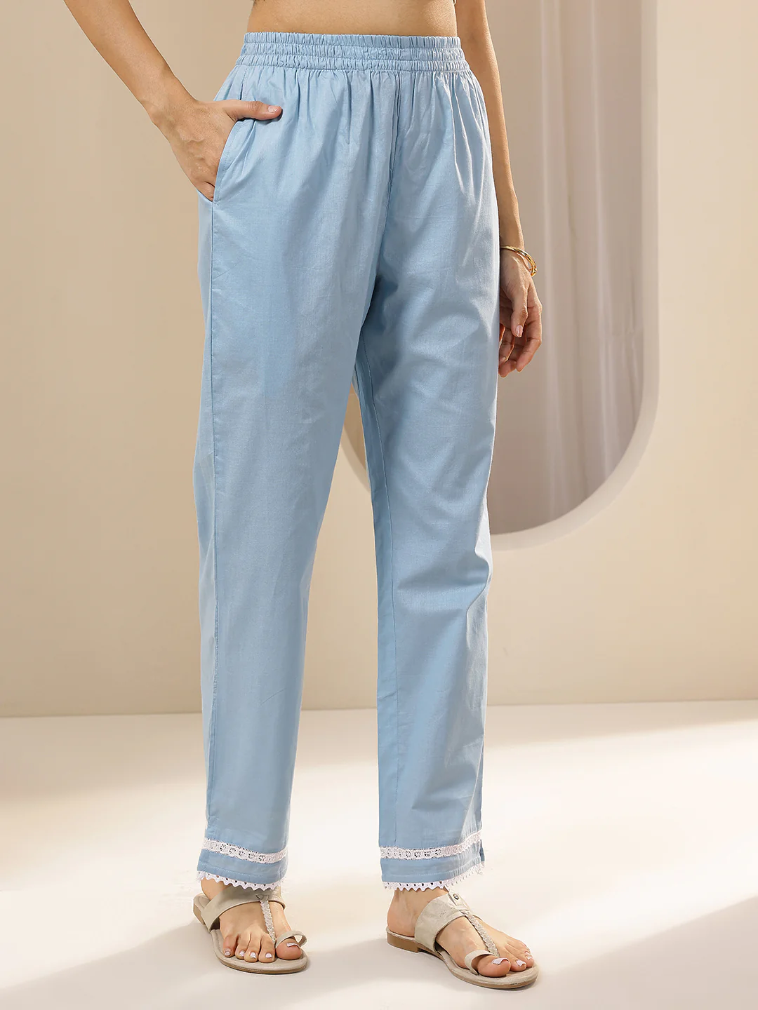 Blue Embroidered Cotton Straight Suit Sets With Dupatta - Image 5
