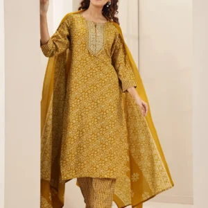 Mustard Printed Cotton Blend Straight Suit Sets With Dupatta