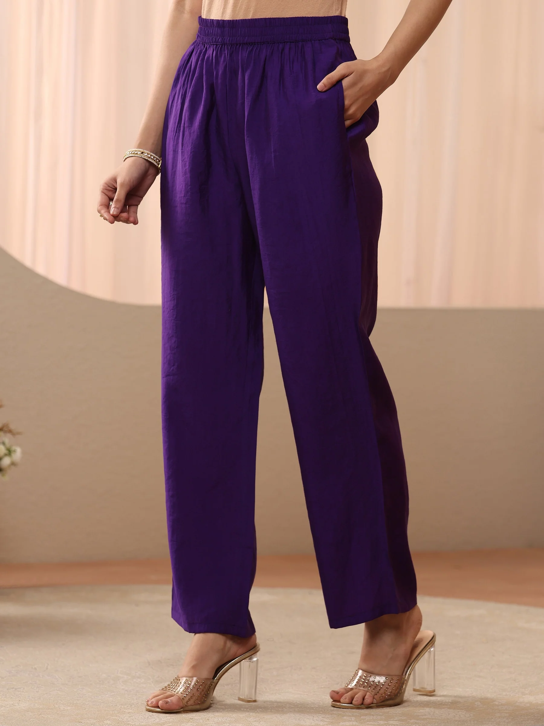 Purple Embellished Silk Blend A-line Suit Set - Image 3