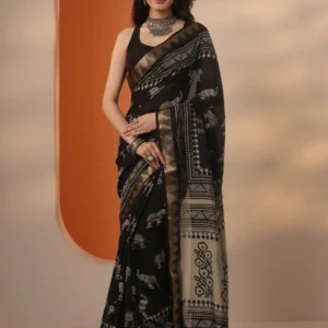 Black Printed Silk Blend Saree With Unstitched Blouse Piece