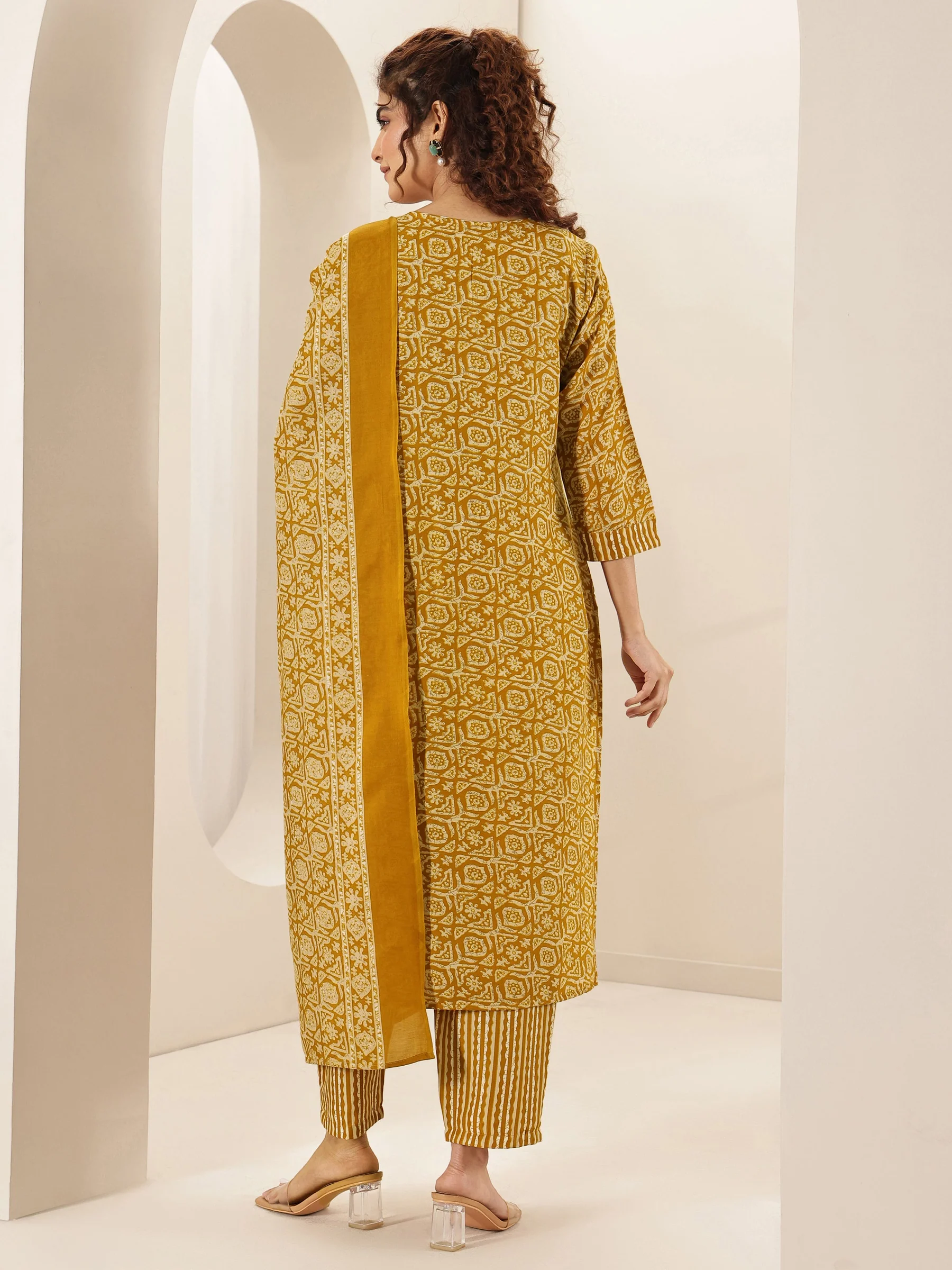 Mustard Printed Cotton Blend Straight Suit Sets With Dupatta - Image 3