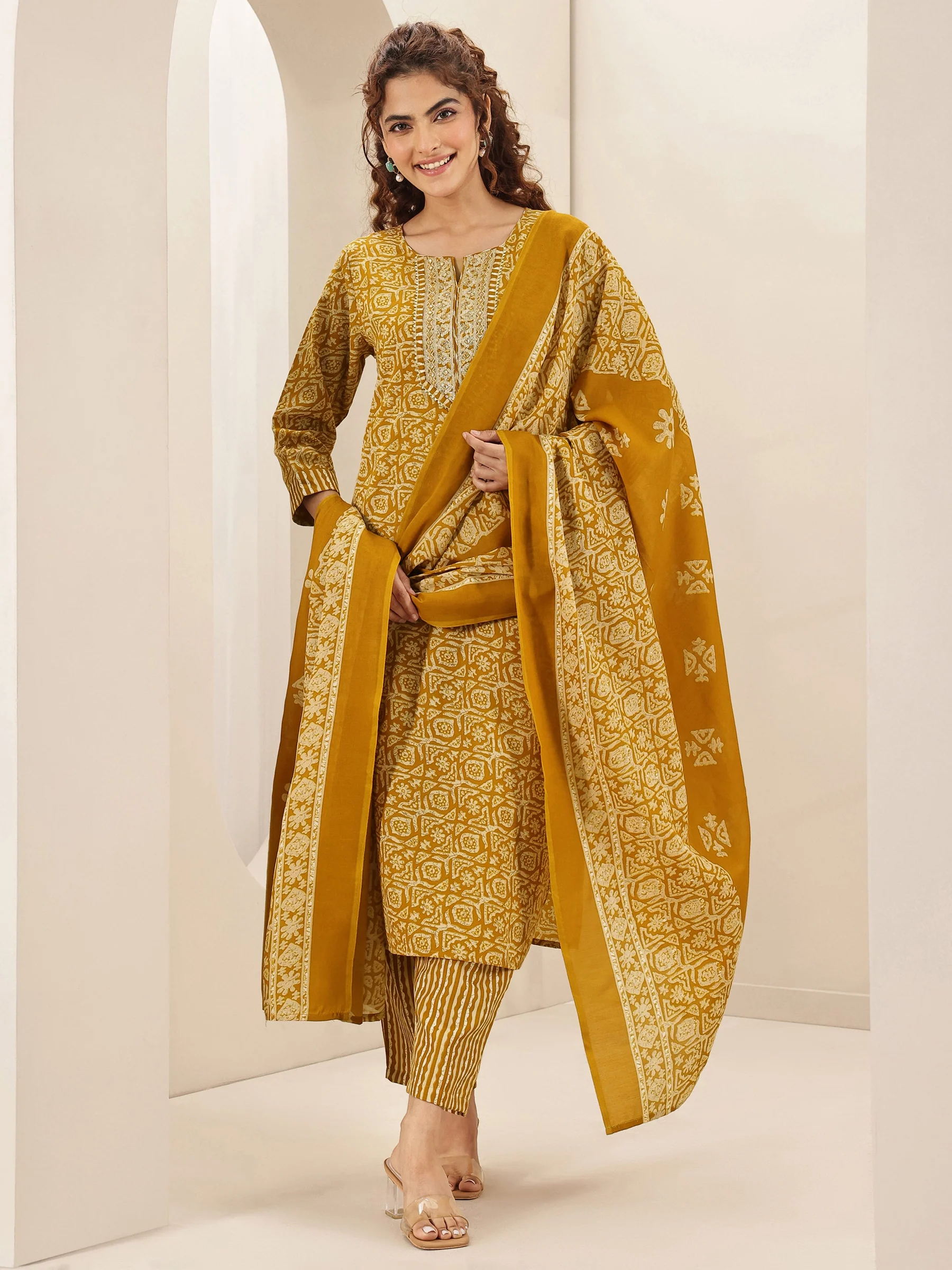 Mustard Printed Cotton Blend Straight Suit Sets With Dupatta - Image 4