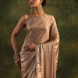 Beige Embellished Silk Blend Saree With Unstitched Blouse Piece
