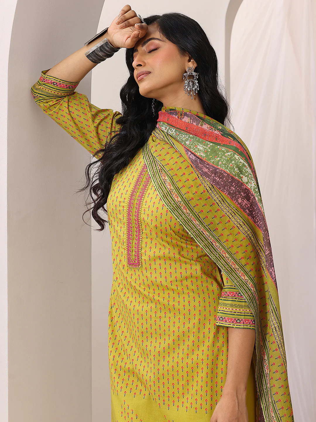 Green Printed Cotton Straight Suit Set With Dupatta - Image 2
