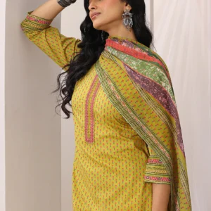 Green Printed Cotton Straight Suit Set With Dupatta