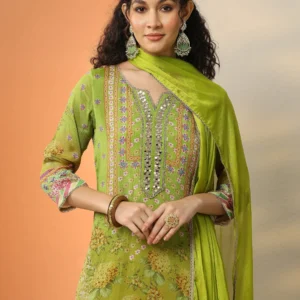 Green Printed Chinon Straight Suit Set With Dupatta