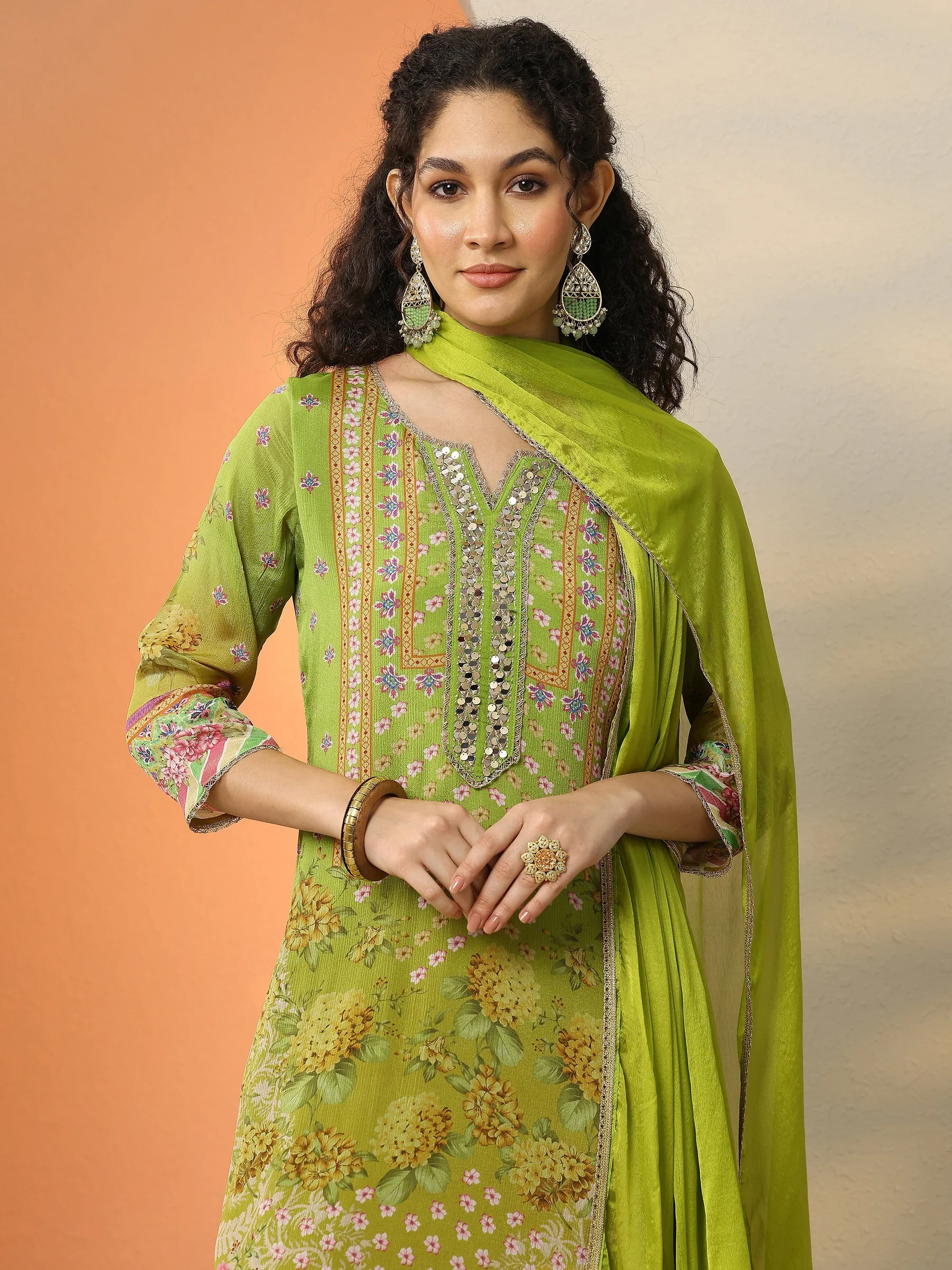 Green Printed Chinon Straight Suit Set With Dupatta