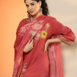 Pink Embroidered Cotton Straight Suit Set With Dupatta