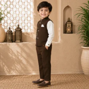 Boys Dark Brown Embroidered Waistcoat Shirt Trouser Set